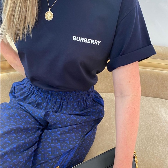 Burberry monogram stripe print silk wide leg trousers in deep royal blue - Picture 2 of 12